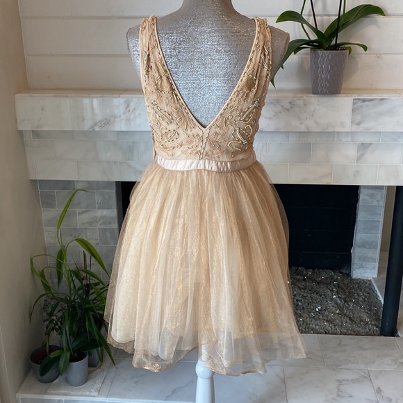 Free People Deja Vu Beaded Embroidered Rose Gold Tulle Mini Dress Size 10 - Picture 10 of 16